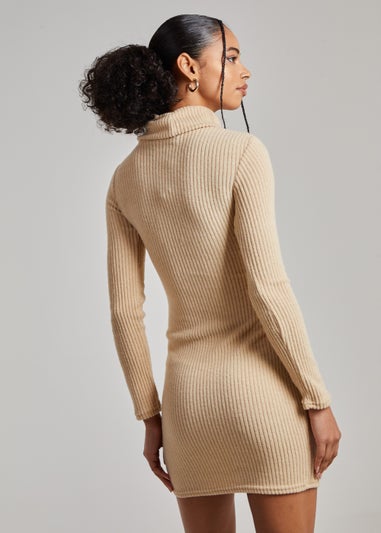 Pink Vanilla Cream Chunky Brushed Rib Roll Neck Dress