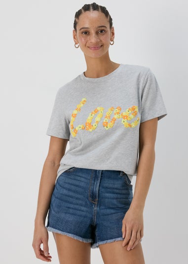 Grey Marl Love Slogan T-Shirt