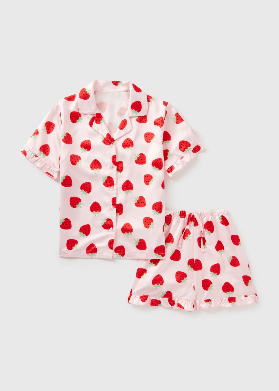 Girls Pink Strawberry Satin Pyjama Set (4-13yrs)