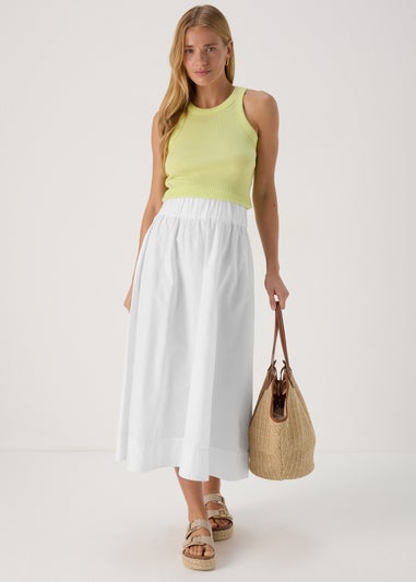 White Solid Poplin Midi Skirt