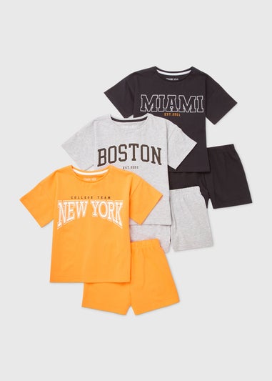 Girls 3 Pack Orange Collegiate Pyjama Sets (4-13yrs)