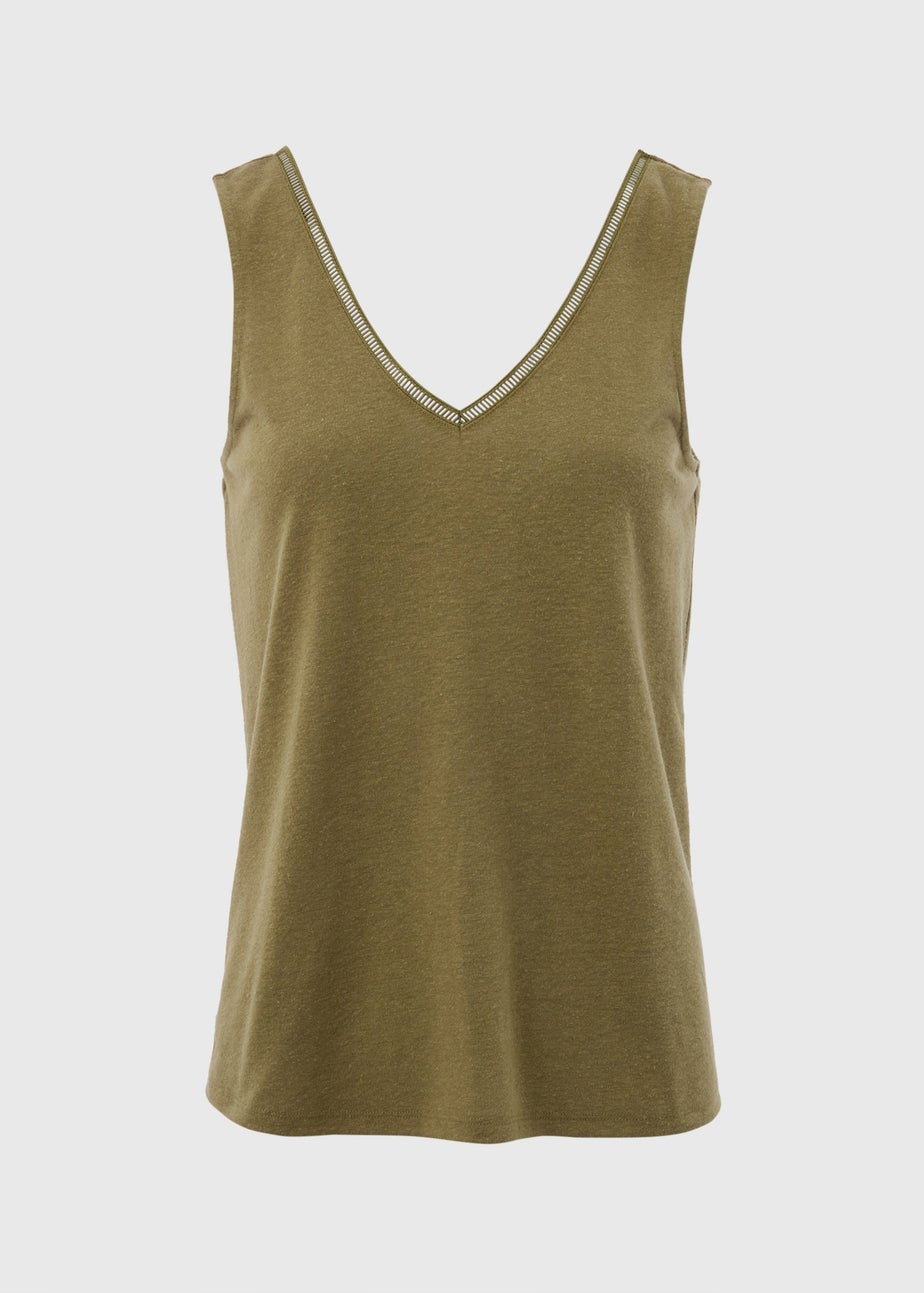 Khaki Plain V Neck Linen Vest