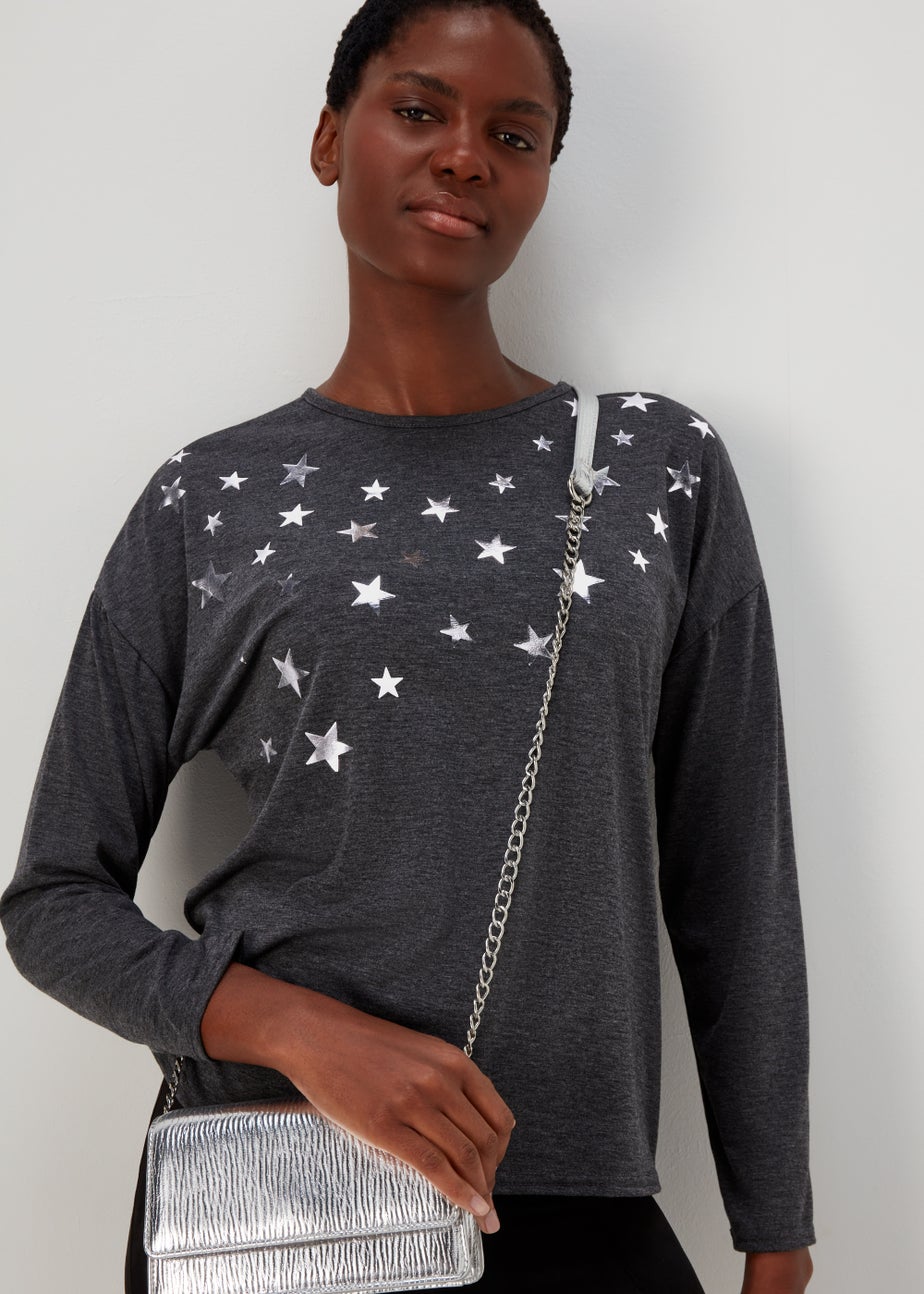 Grey Star Foil Print Top