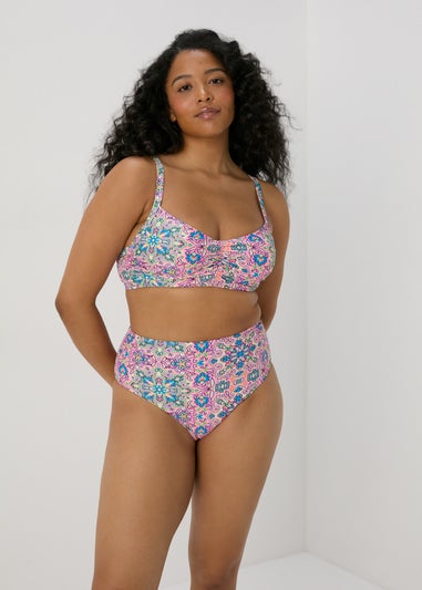 Pink Mosaic Ruched Bikini Top
