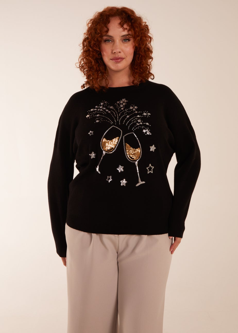 Blue Vanilla Black Curve Festive Christmas Glasses Sequin Jumper