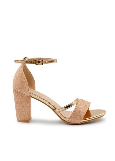 Where's That From RoseGold Glitter Perla Mid Block Heel Sandals