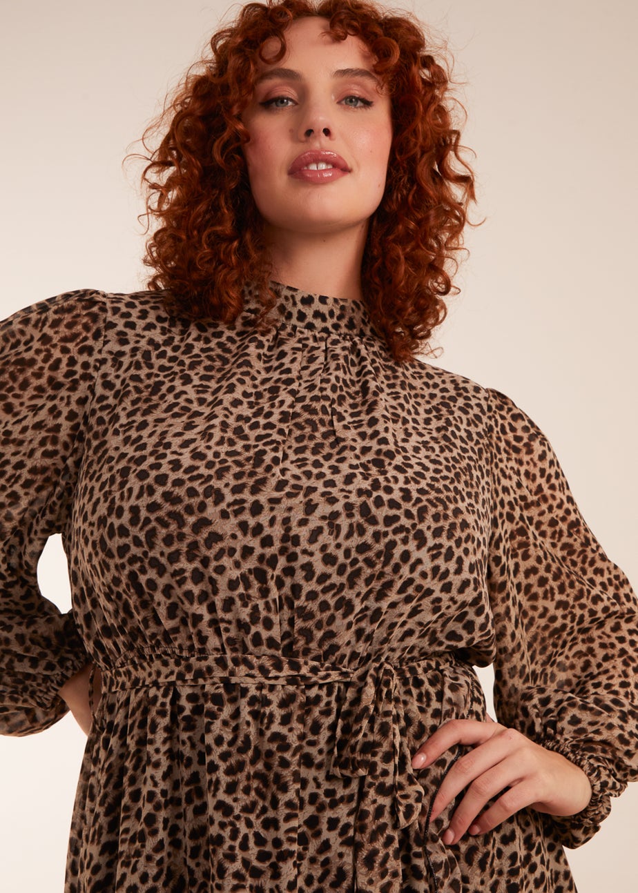 Blue Vanilla Tan Curve Leopard Print High Neck Wrap Midi Dress