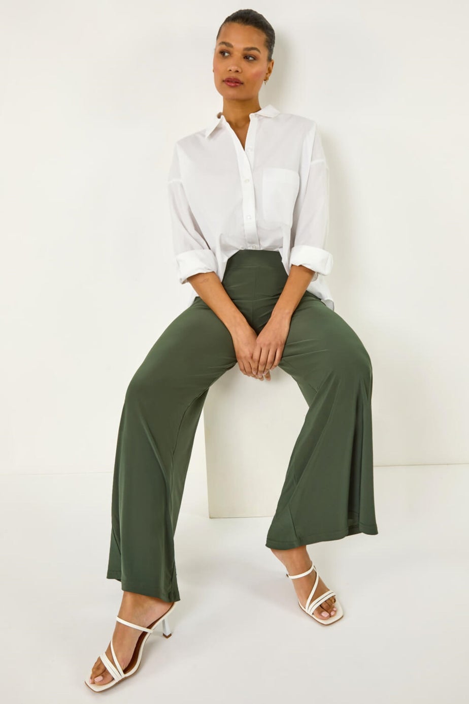 Roman Khaki Elastic Waist Wide Leg Stretch Trousers