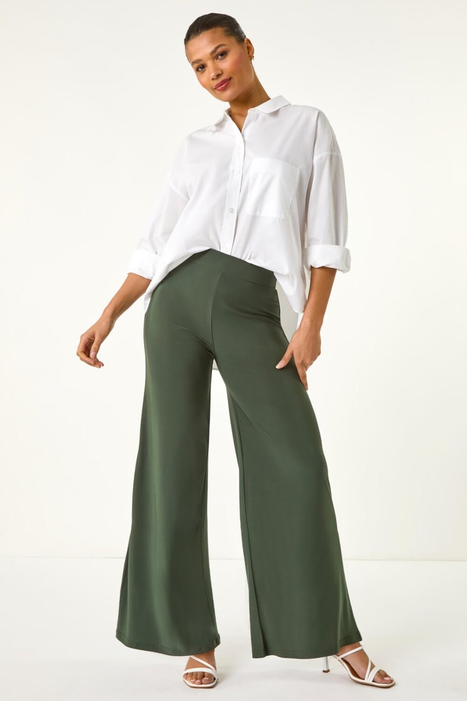 Roman Khaki Wide Leg Stretch Trousers