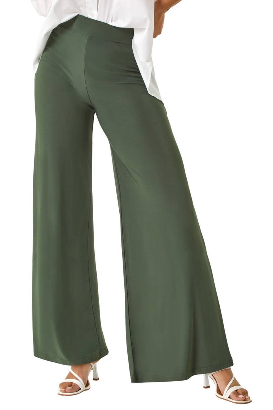Roman Khaki Elastic Waist Wide Leg Stretch Trousers