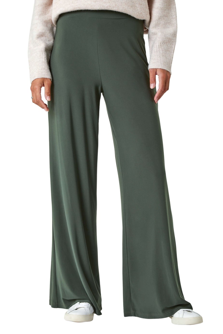 Roman Khaki Elastic Waist Wide Leg Stretch Trousers