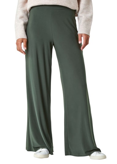 Roman Khaki Elastic Waist Wide Leg Stretch Trousers
