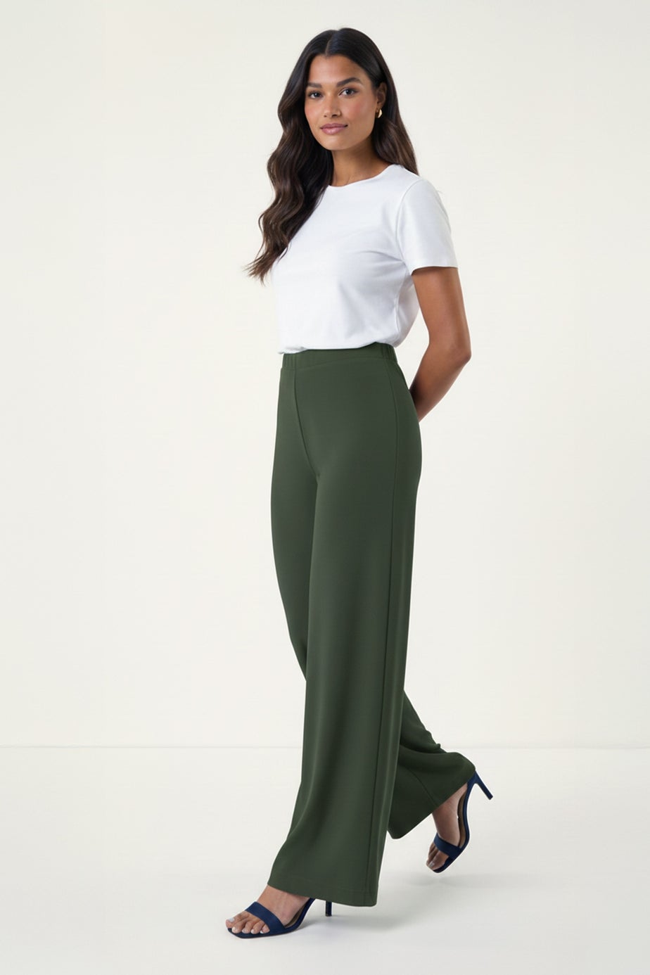 Roman Khaki Wide Leg Stretch Trousers