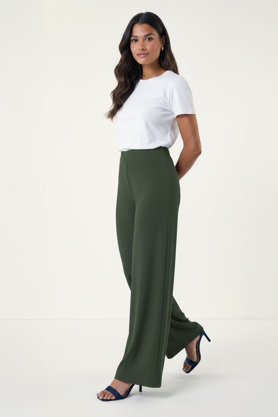 Roman Khaki Wide Leg Stretch Trousers