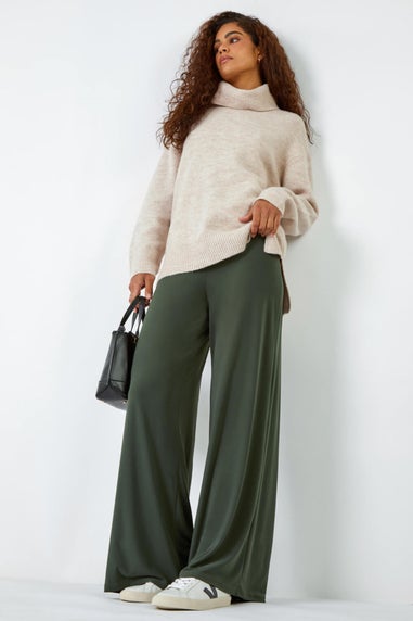 Roman Khaki Elastic Waist Wide Leg Stretch Trousers