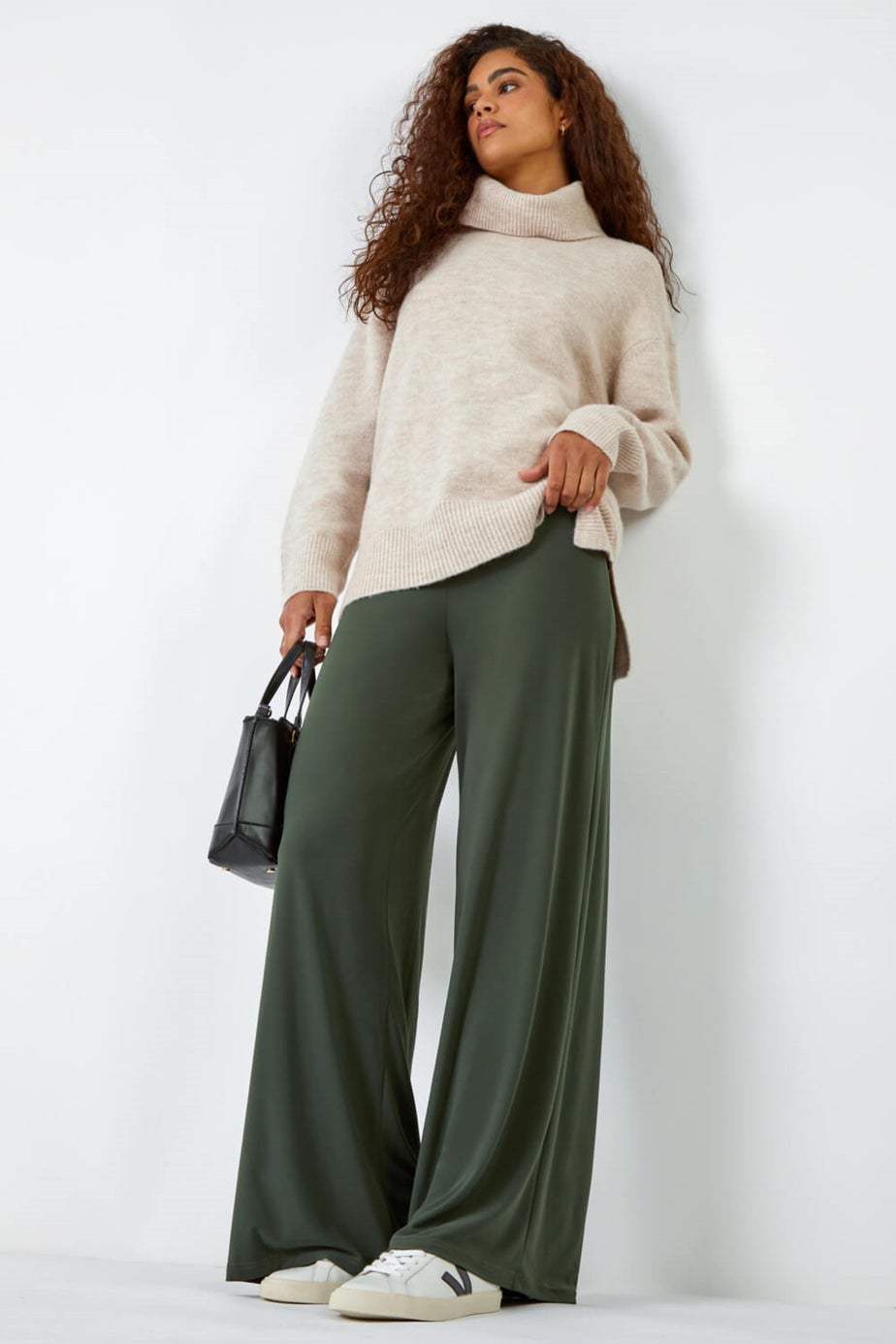 Roman Khaki Elastic Waist Wide Leg Stretch Trousers