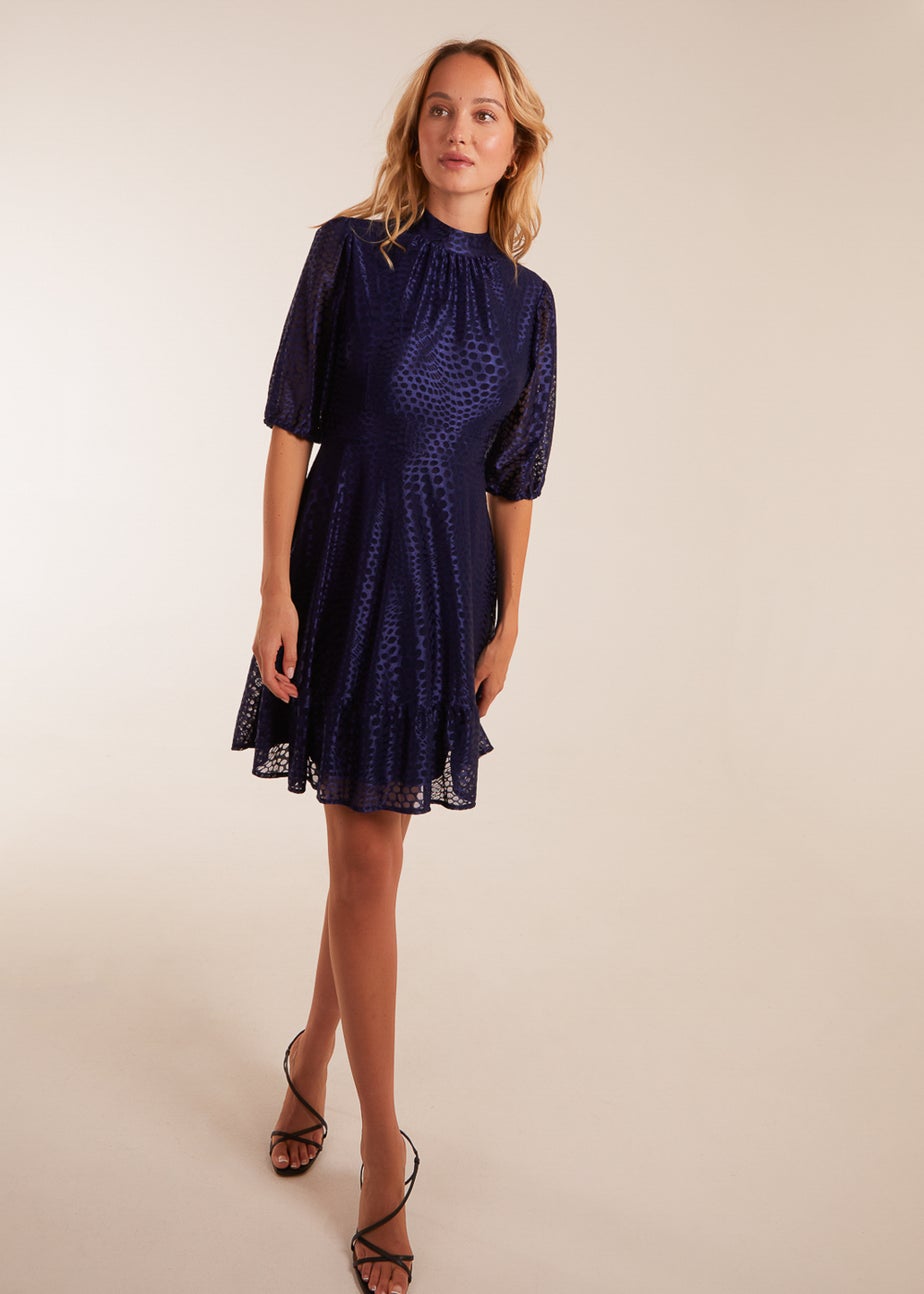 Blue Vanilla Navy Mesh High Neck Tier Dress