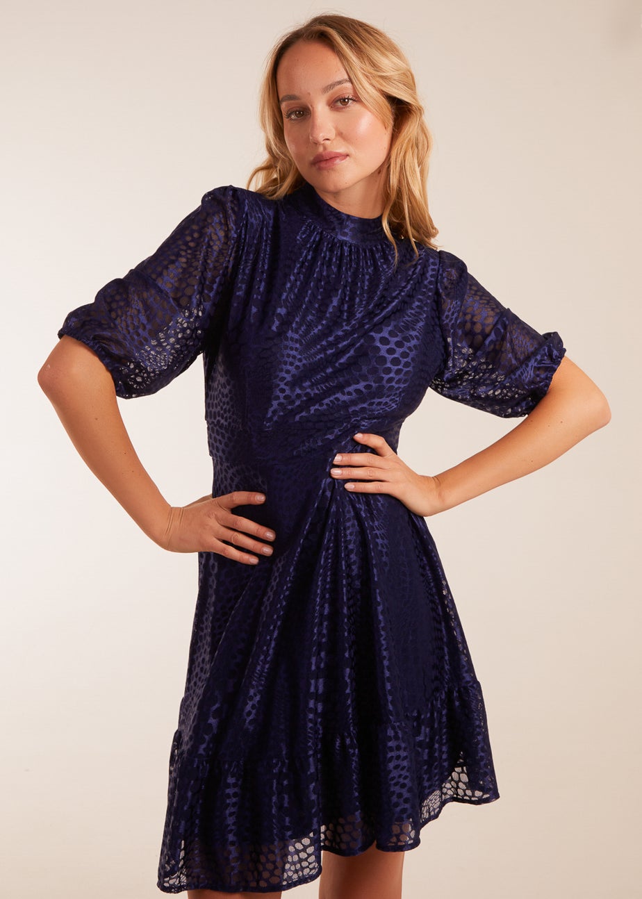 Blue Vanilla Navy Mesh High Neck Tier Dress