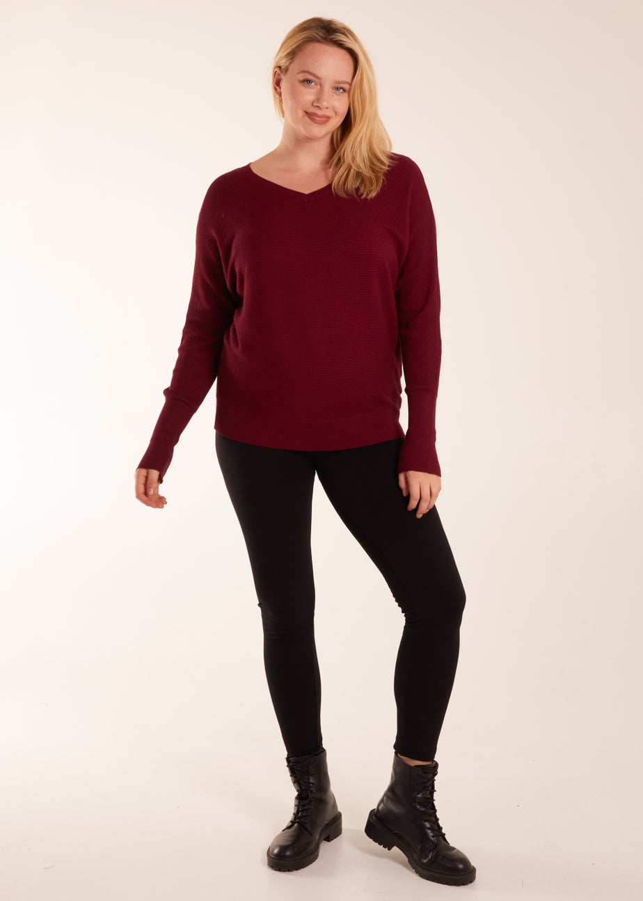 Blue Vanilla Burgundy Curve Rib V-Neck Jumper