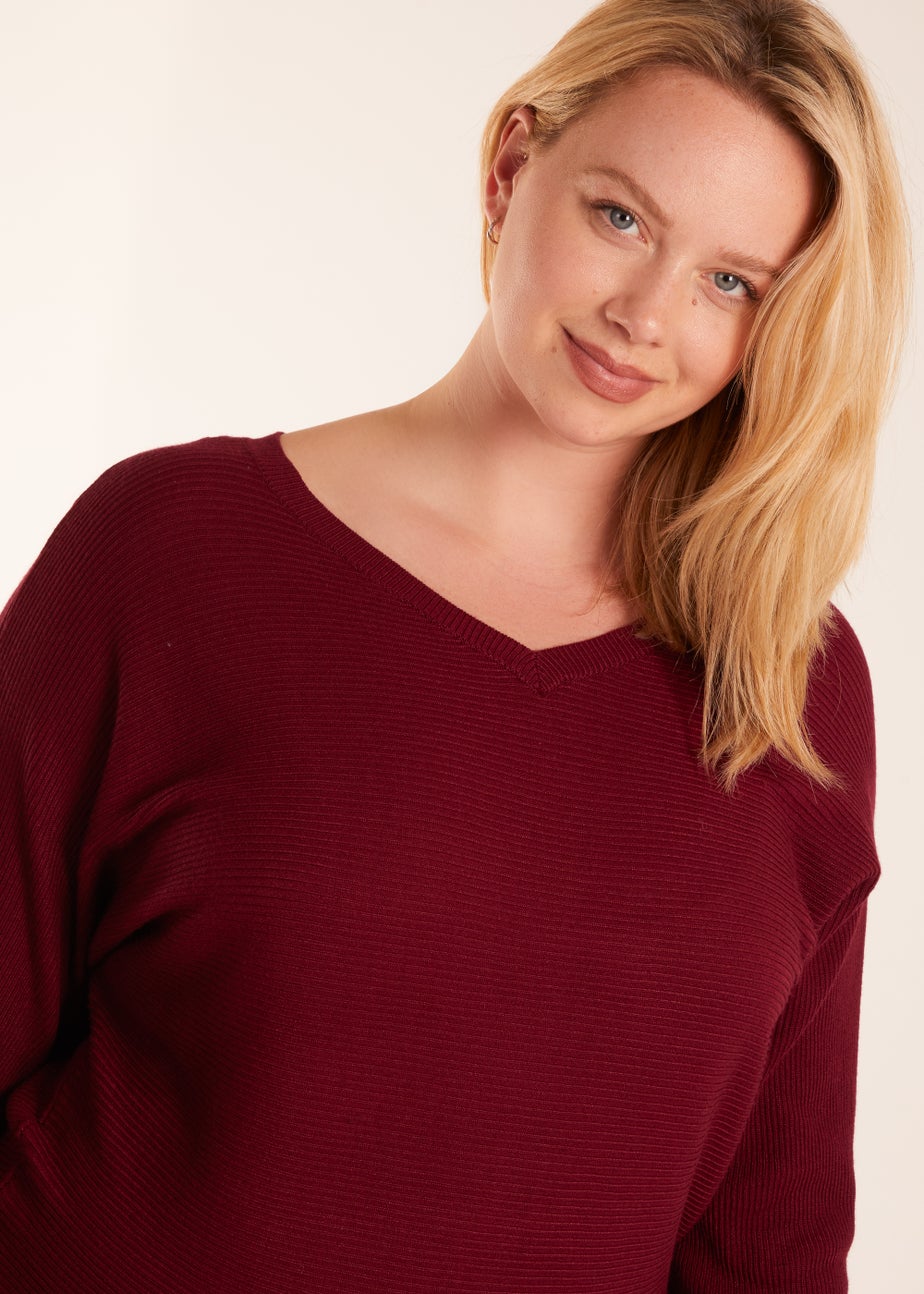 Blue Vanilla Burgundy Curve Rib V-Neck Jumper