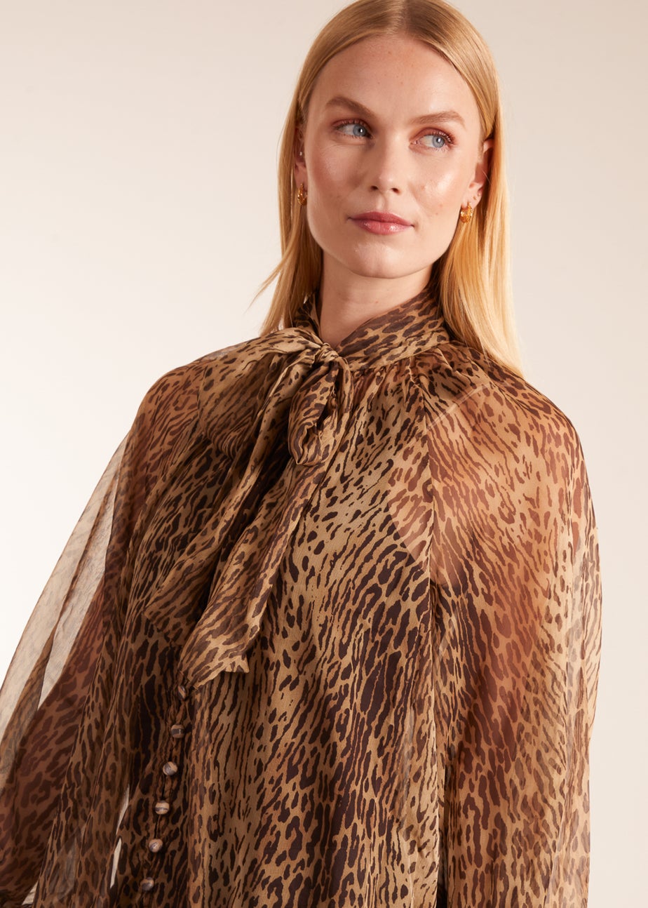 Blue Vanilla Brown Leopard Print Pussy Bow Frill Shirt Dress