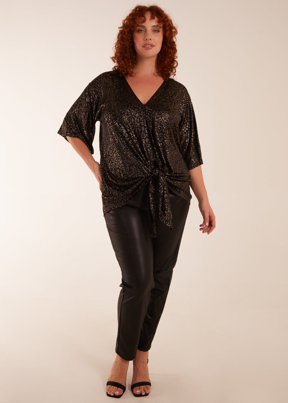 Blue Vanilla Gold Curve Leopard V Neck Tie Front Top