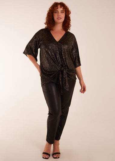 Blue Vanilla Gold Curve Leopard V Neck Tie Front Top