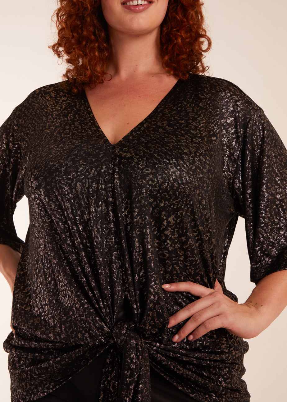 Blue Vanilla Gold Curve Leopard V Neck Tie Front Top