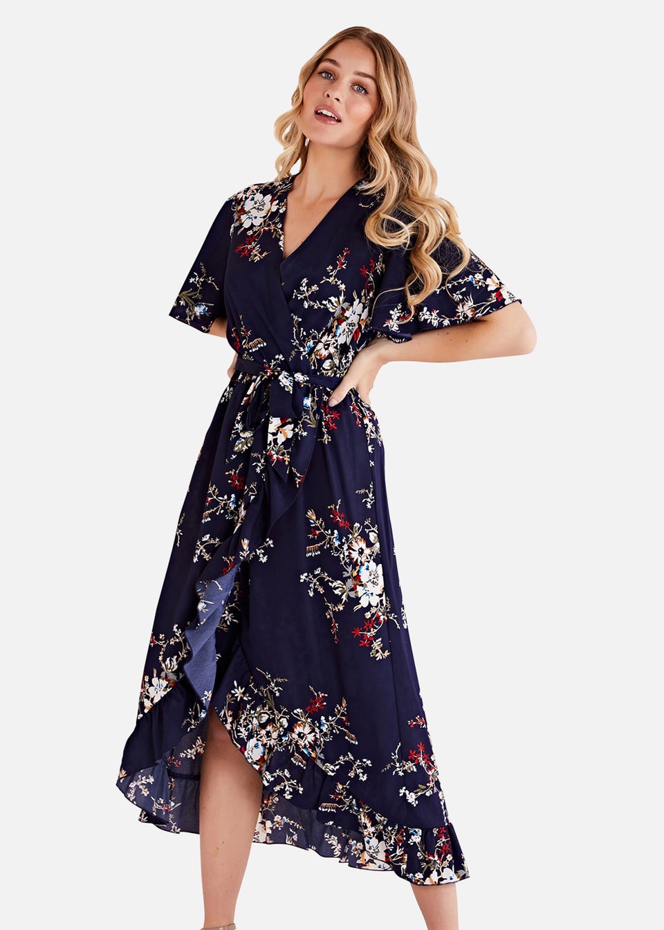 Mela Floral Short Sleeve Maxi Dress In Navy
