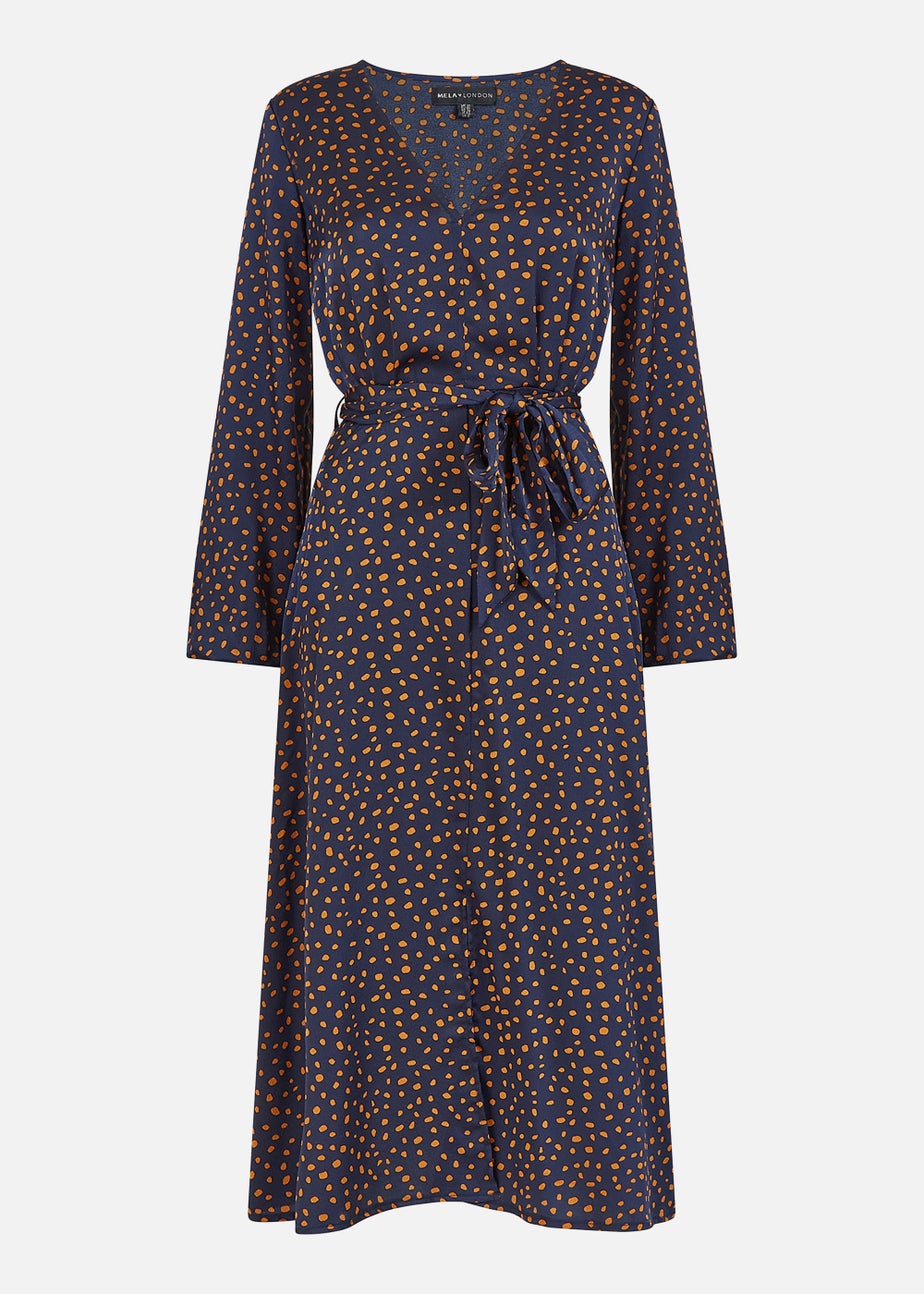 Mela Satin Dash Print Midi Dress In Navy