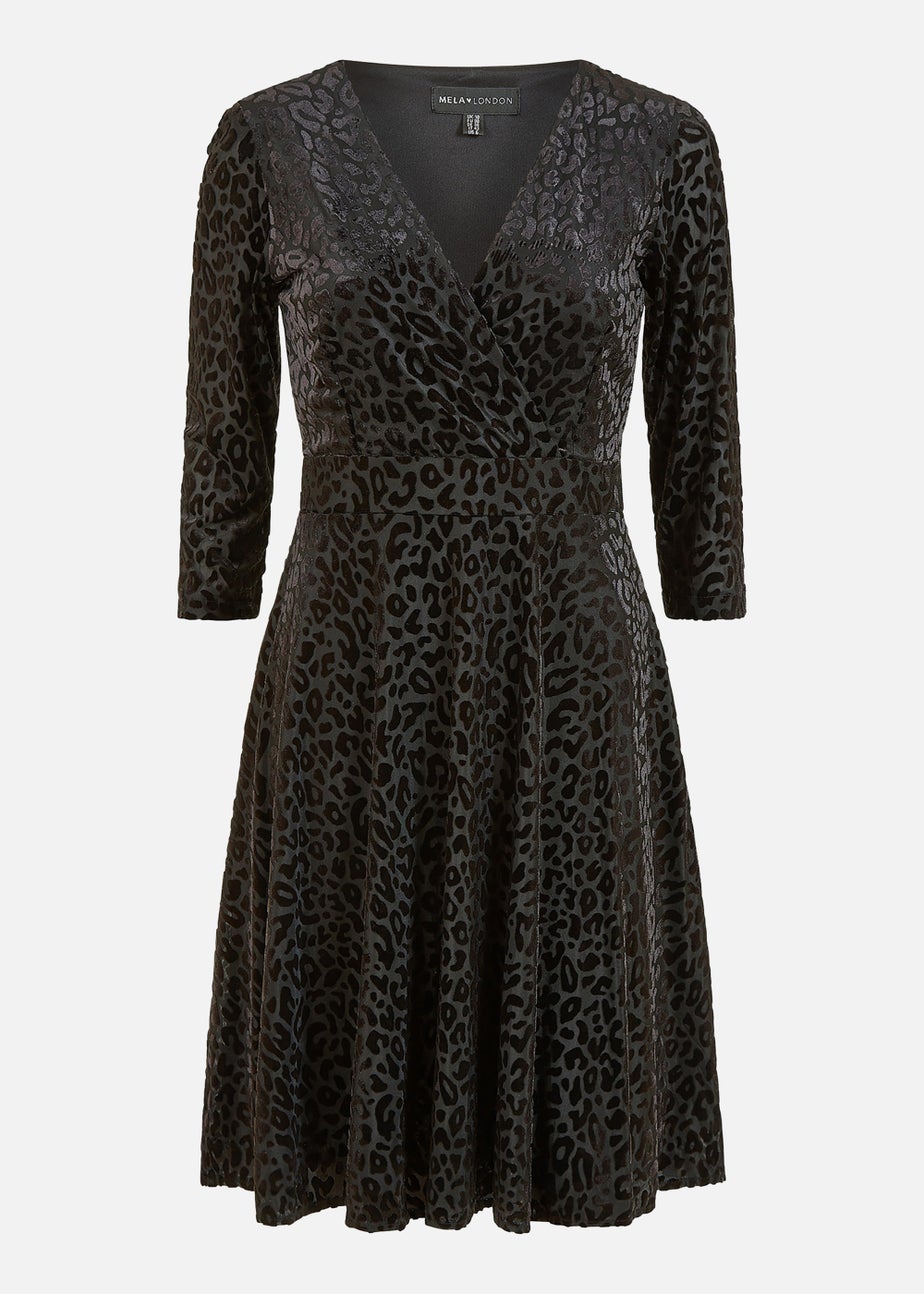 Mela Velour Leopard 3/4 Sleeve Wrap Skater Dress In Black