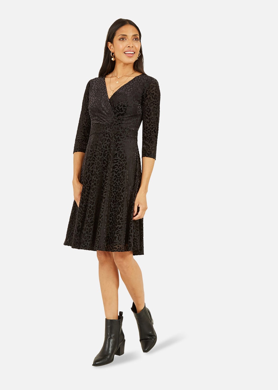 Mela Velour Leopard 3/4 Sleeve Wrap Skater Dress In Black