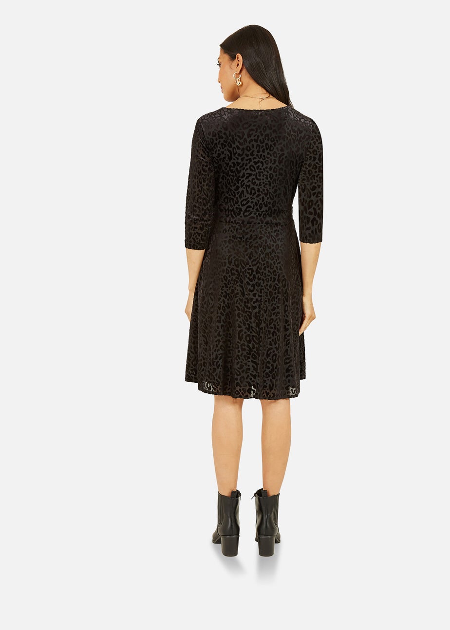 Mela Velour Leopard 3/4 Sleeve Wrap Skater Dress In Black