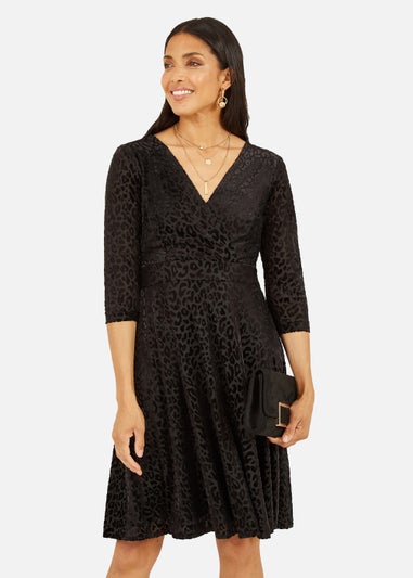 Mela Velour Leopard 3/4 Sleeve Wrap Skater Dress In Black
