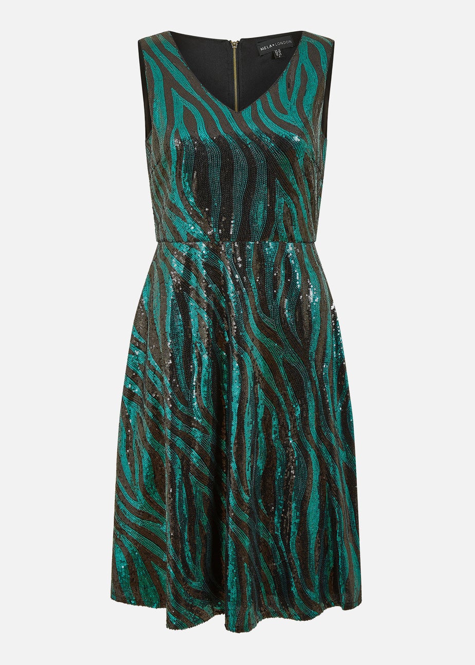 Mela Zebra Sequin Skater Dress In Green