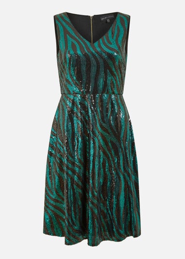 Mela Zebra Sequin Skater Dress In Green