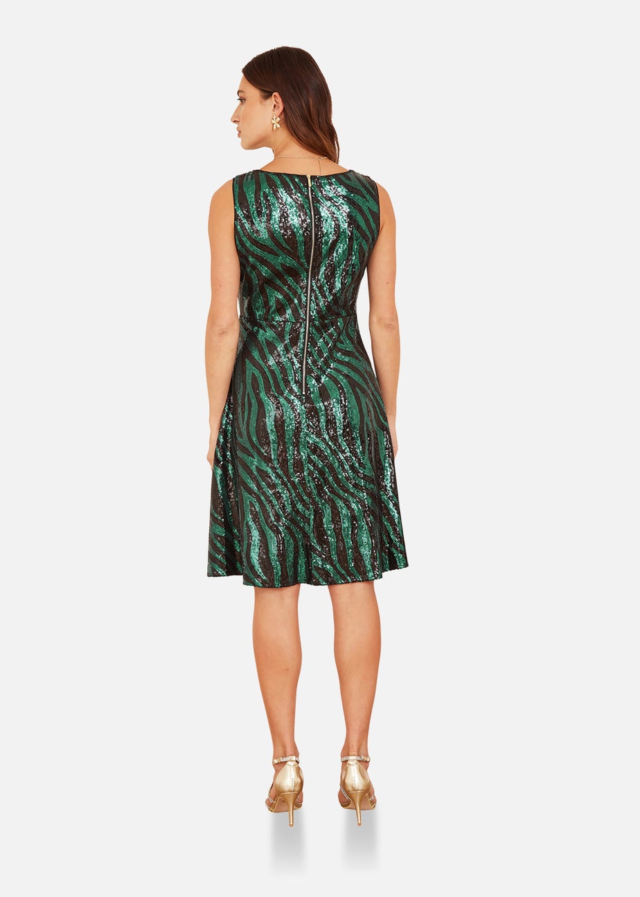 Mela Zebra Sequin Skater Dress In Green
