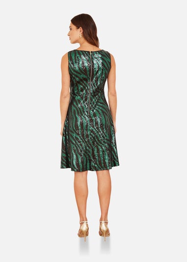 Mela Zebra Sequin Skater Dress In Green