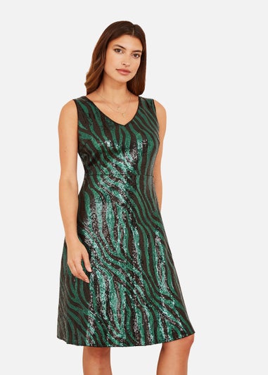 Mela Zebra Sequin Skater Dress In Green