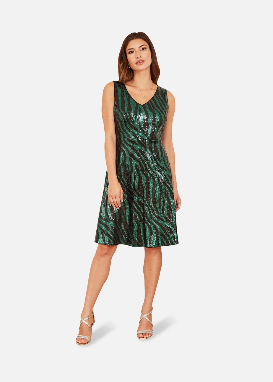 Mela Zebra Sequin Skater Dress In Green