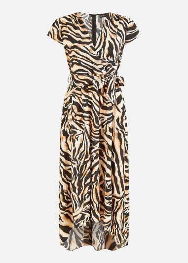 Mela Zebra Print Dipped Hem Wrap Dress In Black