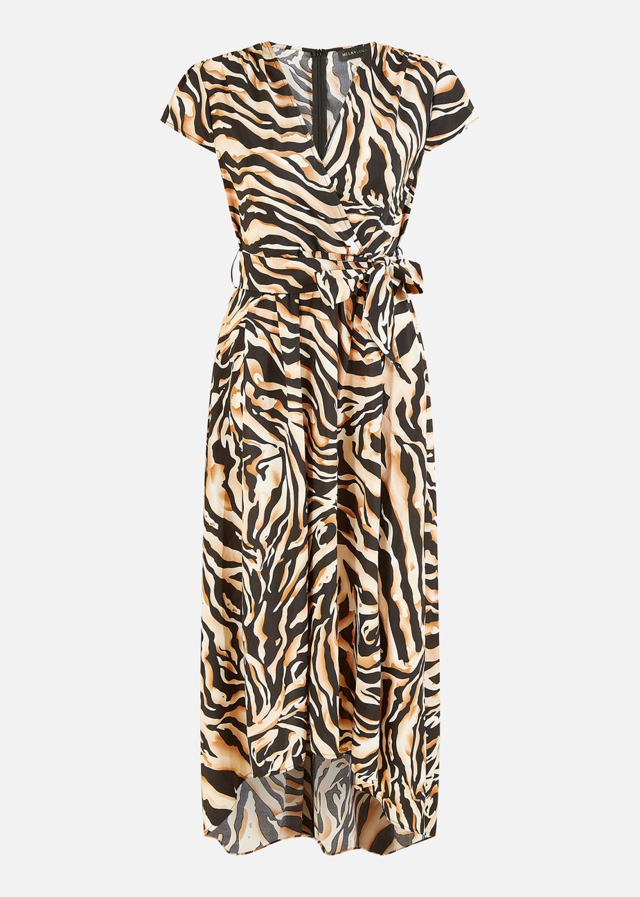 Mela Zebra Print Dipped Hem Wrap Dress In Black