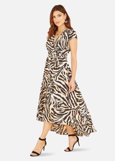 Mela Zebra Print Dipped Hem Wrap Dress In Black