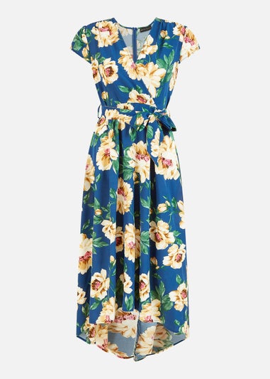 Mela Painted Floral Print Dipped Hem Wrap Dress In Blue