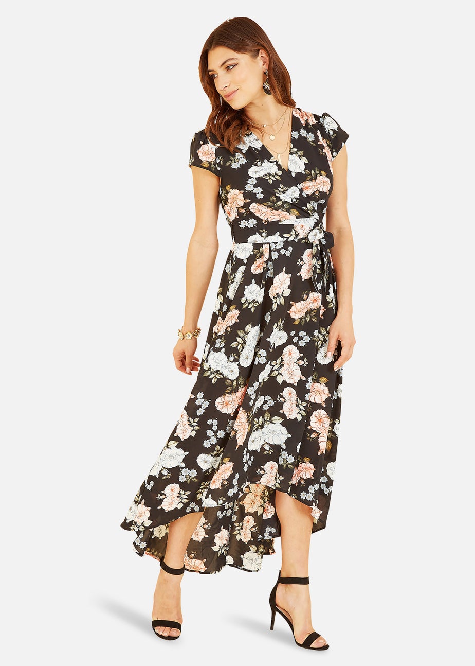 Mela Floral Print Dipped Hem Wrap Dress In Black