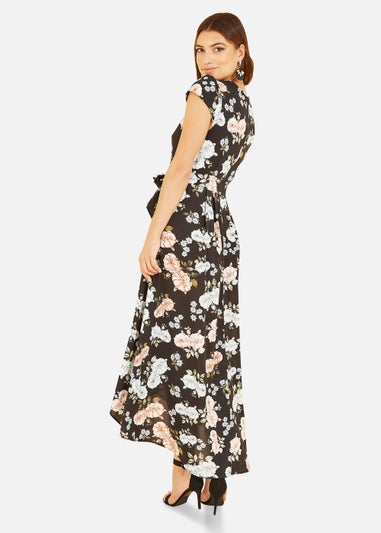 Mela Floral Print Dipped Hem Wrap Dress In Black