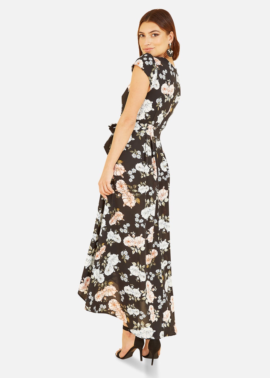 Mela Floral Print Dipped Hem Wrap Dress In Black