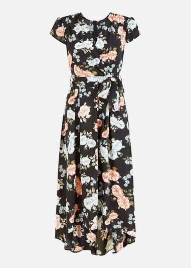 Mela Floral Print Dipped Hem Wrap Dress In Black