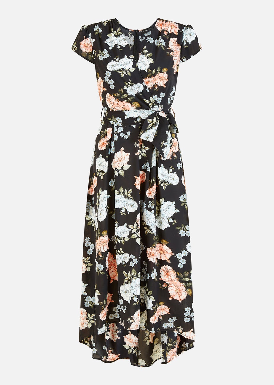 Mela Floral Print Dipped Hem Wrap Dress In Black