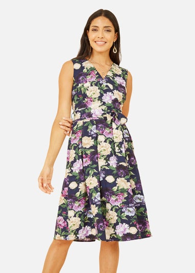 Mela Floral Wrap Sleeveless Skater Dress In Navy